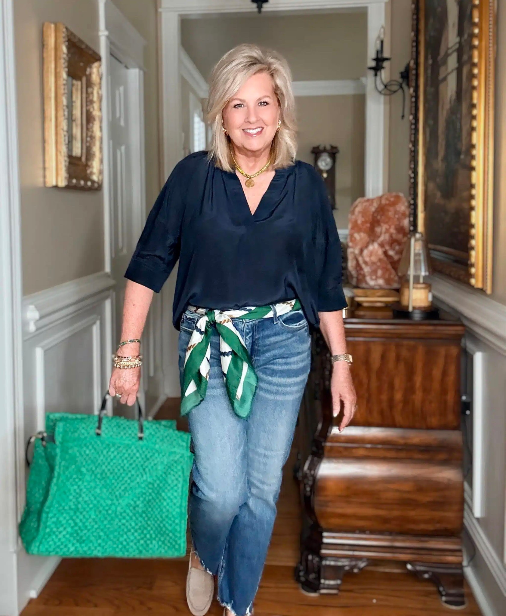 Styling classic navy and green! Blouse size 10 | jeans size 29 | green handbag | Spring fashion 

#LTKWorkwear #LTKootd #LTKOver40