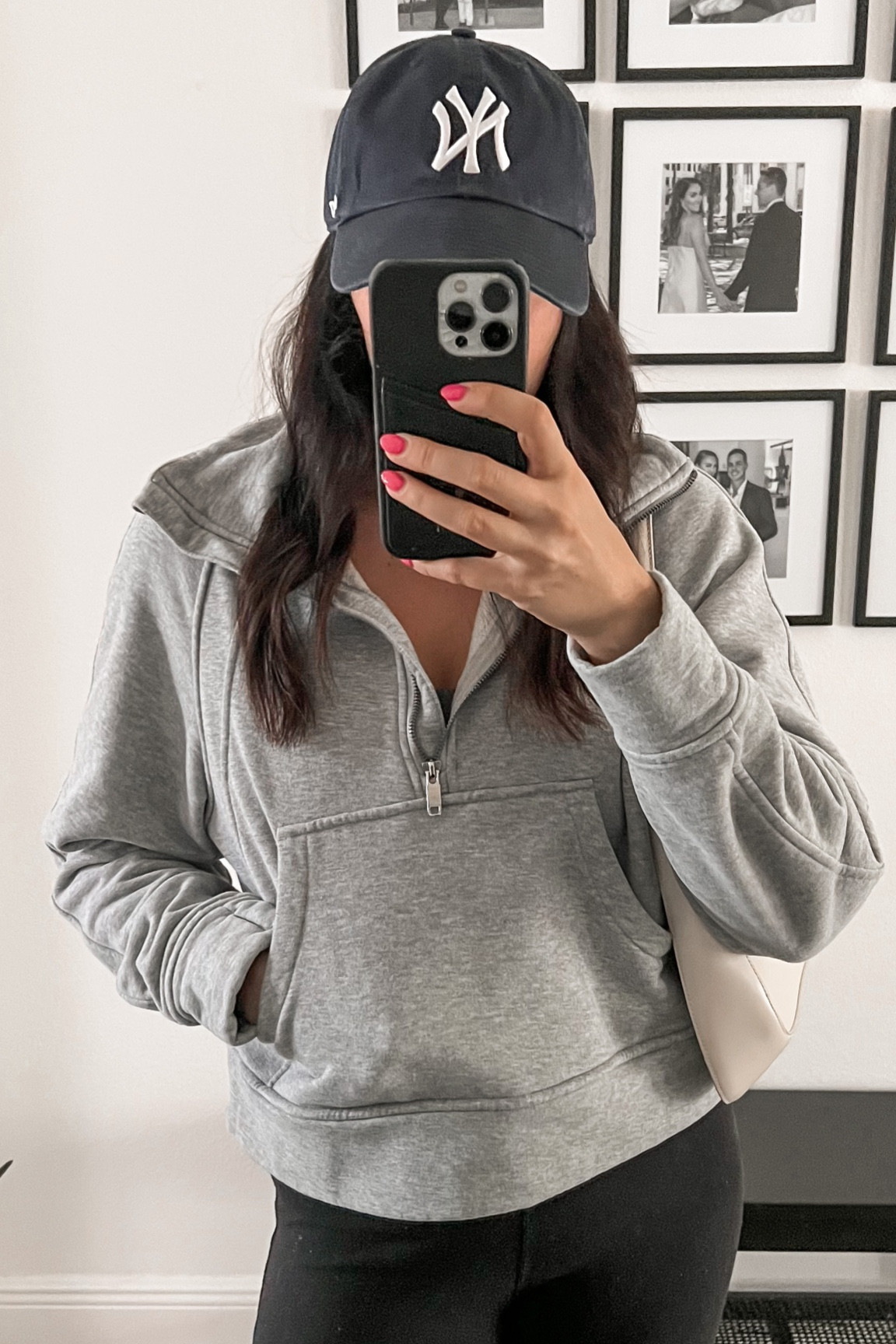 Casual outfit for running errands feat. Half zip pullover from Amazon and Yankees hat from Abercrombie