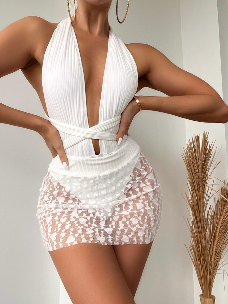 Plain Criss Cross One Piece Swimsuit With Beach Skirt | SHEIN