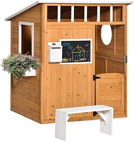 Outsunny Wooden Playhouse for Kids Outdoor, Garden Games Cottage, with Working Door, Windows, Mai... | Amazon (US)