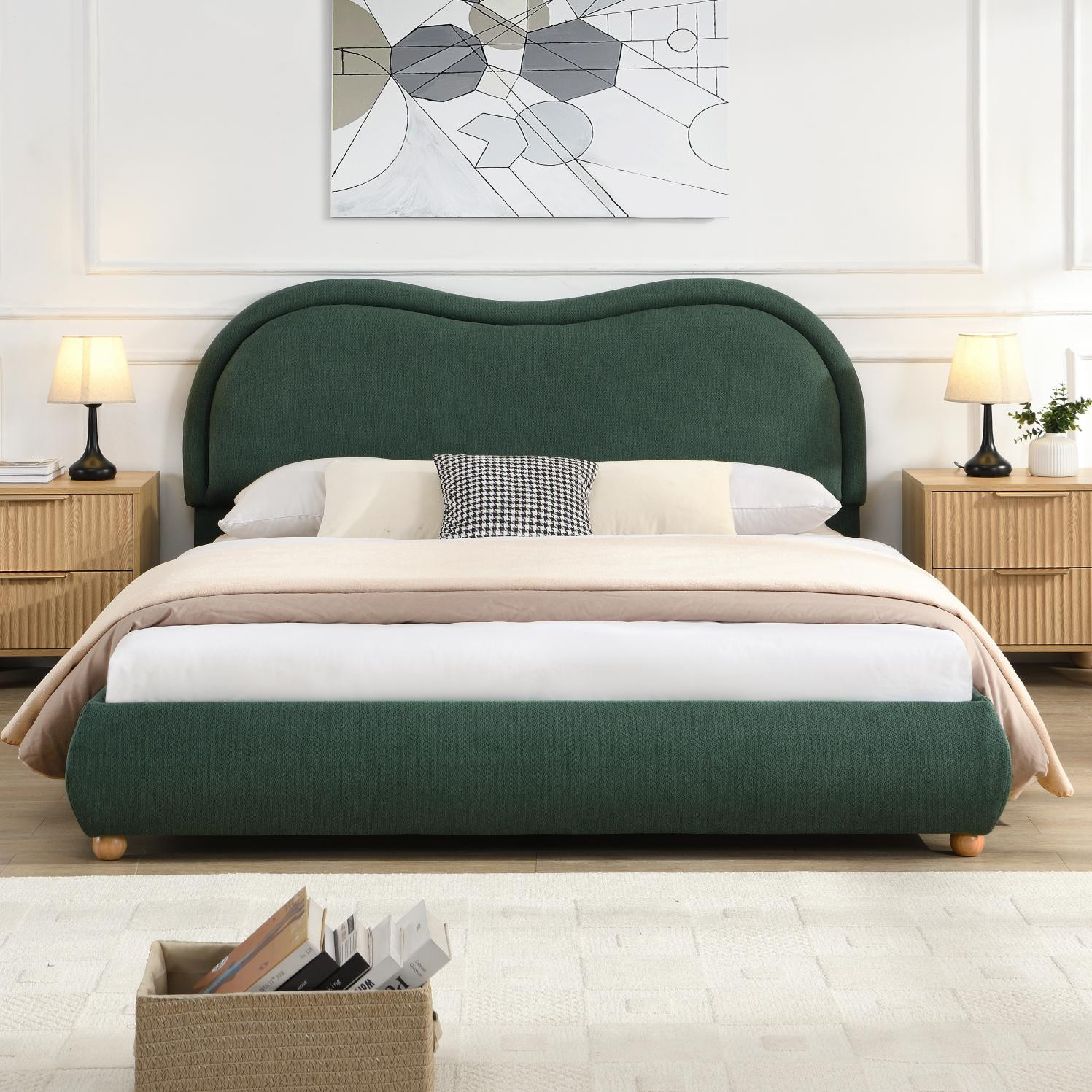 GDFStudio Queen Size Upholstered Platform Bed Olive Green Curved Headboard Chenille Fabric Easy Assembly one_size | 384814 | Lowe's