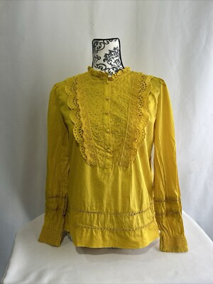 J CREW Blouse Sz S EYELET RUFFLE NECK Cotton Long Sleeve Top Mustard Yellow | eBay US