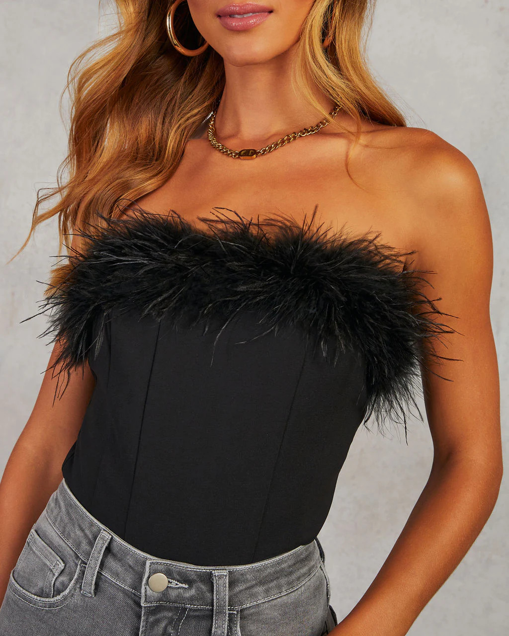 Night We Met Strapless Feather Trim Top | VICI