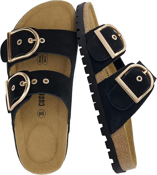 CUSHIONAIRE Brook Women\u2019s Suede Double-Buckle Cork Footbed Slide Sandals with Memory Foam Co... | Amazon (US)