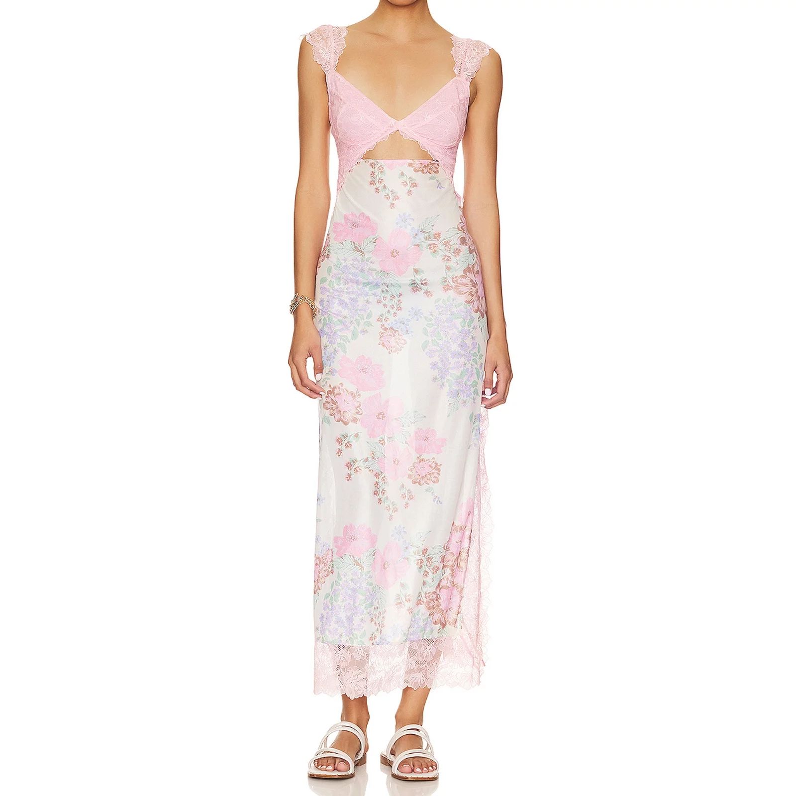 TFFR Women Long Floral Dress Lace Patchwork Cutout V-Neck Sleeveless Bodycon Dress Summer Slit Ba... | Walmart (US)