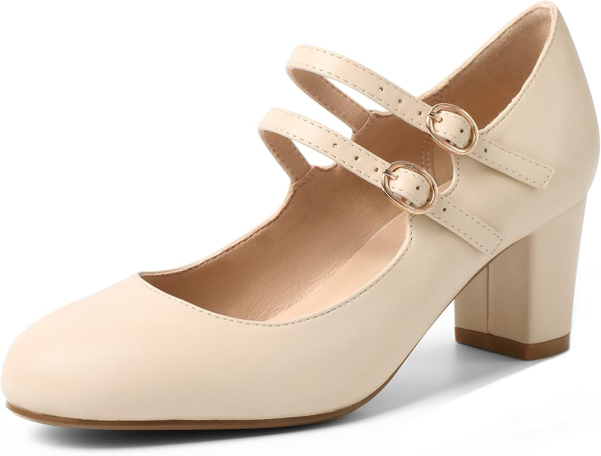 IDIFU Women's Dress Shoes for Women Pumps Mary Jane Heels Low Block Round Closed Toe Wedding Offi... | Amazon (US)
