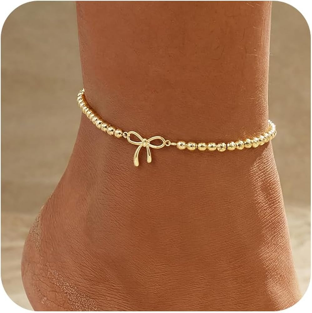 Gold Ankle Bracelets for women,14k Gold/Silver Plated Waterproof Layered lightweight Bow Beaded T... | Amazon (US)