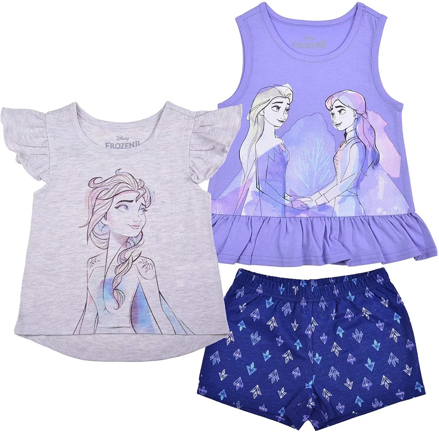 Disney 3 Pack Frozen Girl's Elsa and Anna Short Sleeves Tee, Sleeveless Shirt and Shorts Set | Walmart (US)