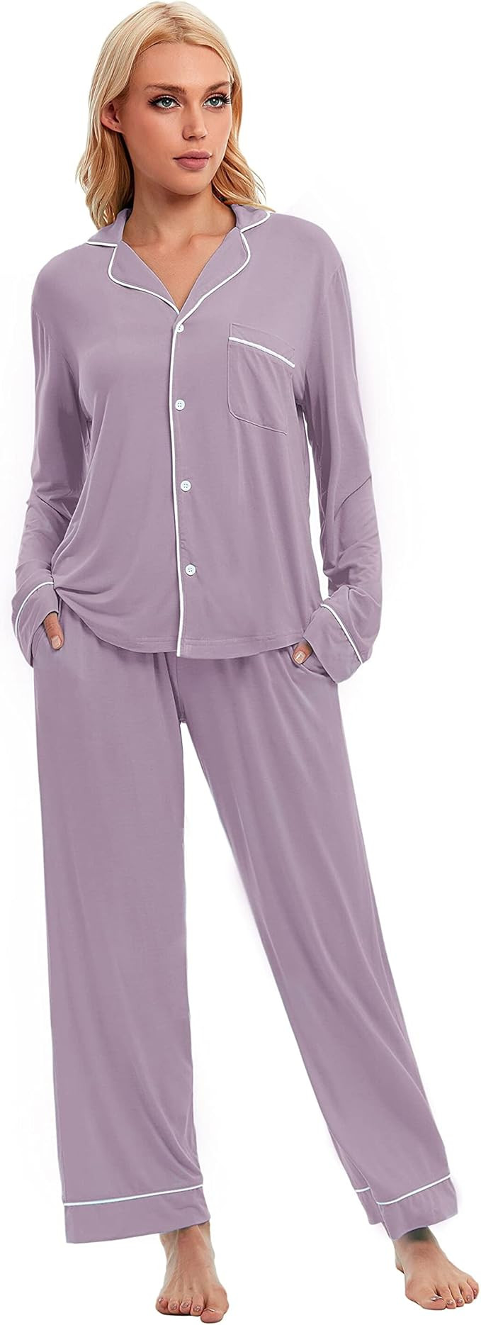 LUBOT Women's Pajamas Set Button-Down Shirt PJ Pants Two-piece Set Night Suit Sleepwear Loungewea... | Amazon (US)