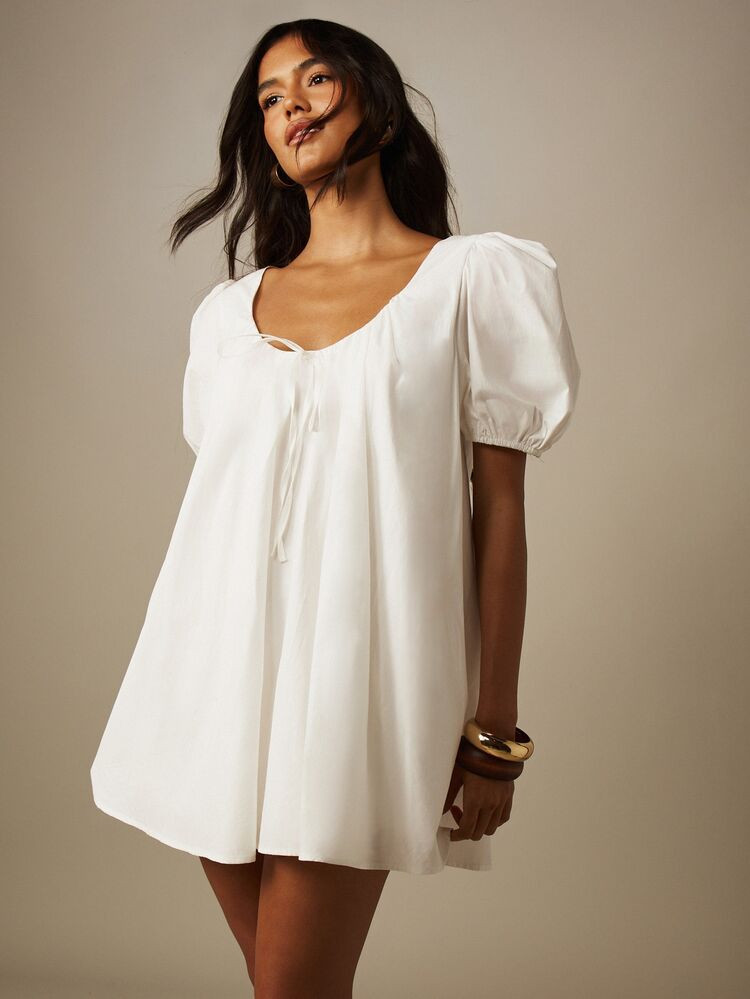 MISSGUIDED Puff Sleeve Smock Mini Dress With Tie Front Detail And Open Back Summer Babydoll Style | SHEIN