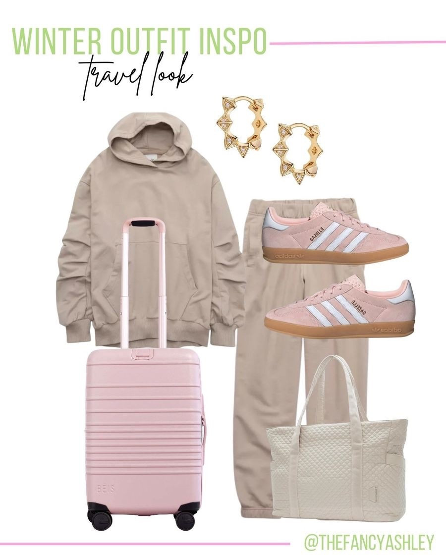 Outfit inspo - travel look! Love this cute travel look with my fave Aerie matching lounge set paired with pink Adidas Gazelles, a matching Beis carry-on on and a cute tote. Travel outfit | lounge set | travel essentials | comfy travel | winter travel | athleisure | travel bag

#LTKTravel #LTKFindsUnder100 #LTKSeasonal