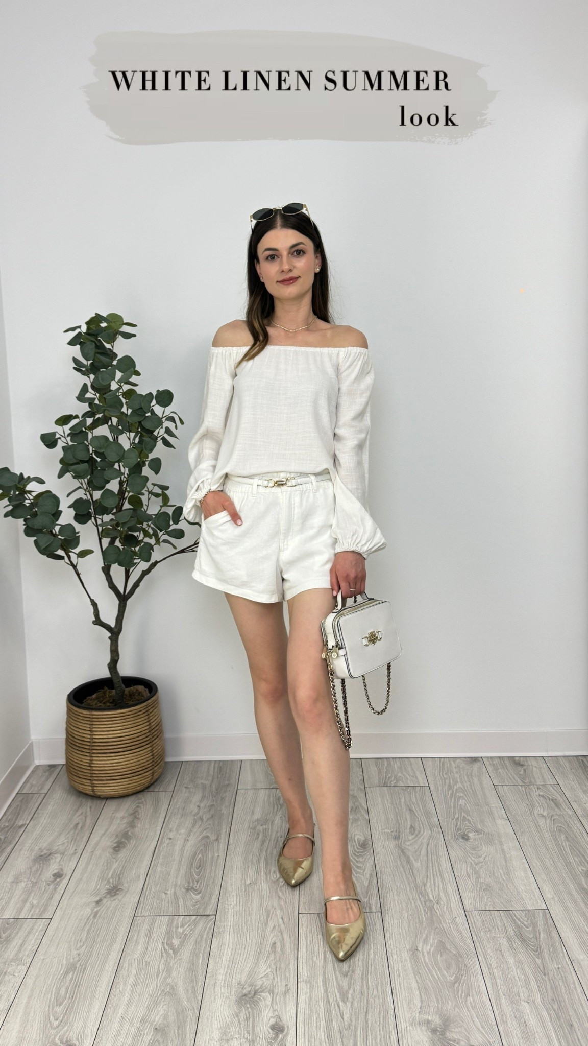 White linen top and shorts, gold ballerina flats, a white belt, purse, and sunglasses—breezy, bright, and polished 🤍 #IlaStylesDiary 

#LTKover50style #LTKstyletip #LTKsummer