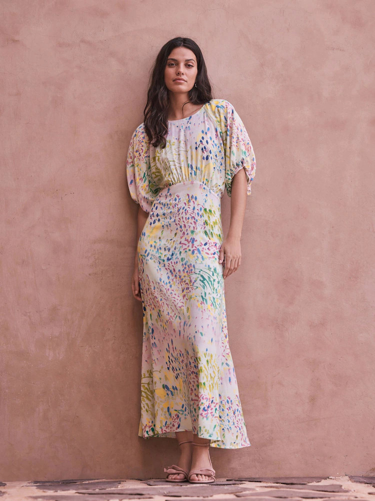 Green/Pink Floral National Trust x Next Puff Sleeve Midi Dress | Next US