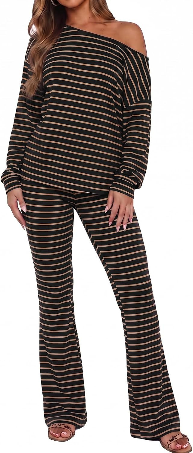 Fisoew Women 2 Piece Outfits Striped Off Shoulder Long Sleeve Top Pants Set | Amazon (US)