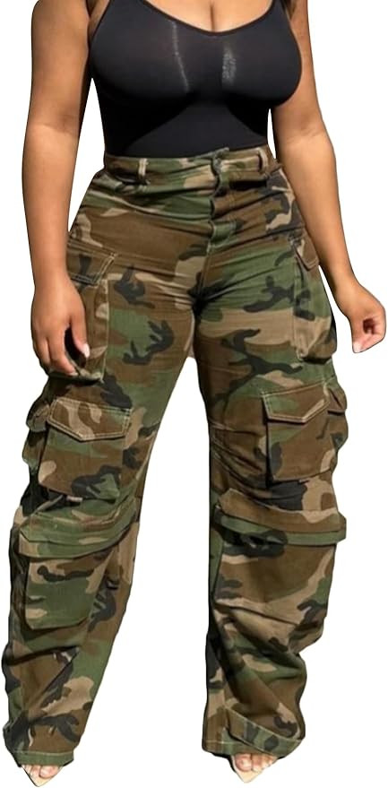 LKOUS Women’s Cargo Baggy Straight Jeans Streetwear Y2K High Waist Wide Leg Denim Pants with Mu... | Amazon (US)