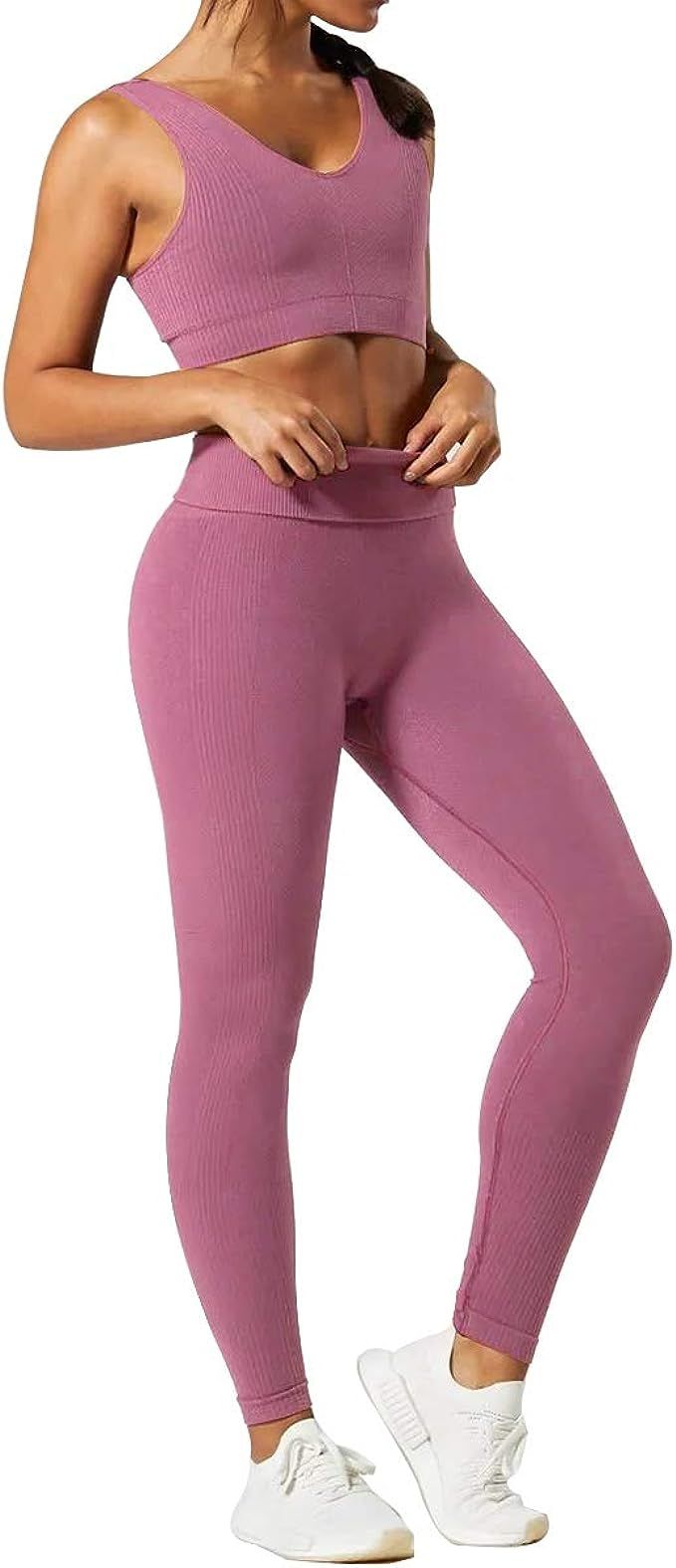 Jetjoy Women 2 PCS Workout Set Seamless Super Soft Material Deep V Neck Bra+Leggings Sports Suit ... | Amazon (US)