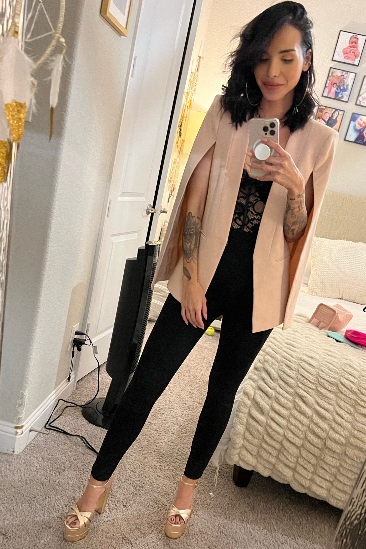 Night out getting dressed up for dinner 🖤Schultz platforms black dressy leggings Amazon bodysuit cape blazer bcbg 

#LTKfit #LTKstyletip #LTKSeasonal