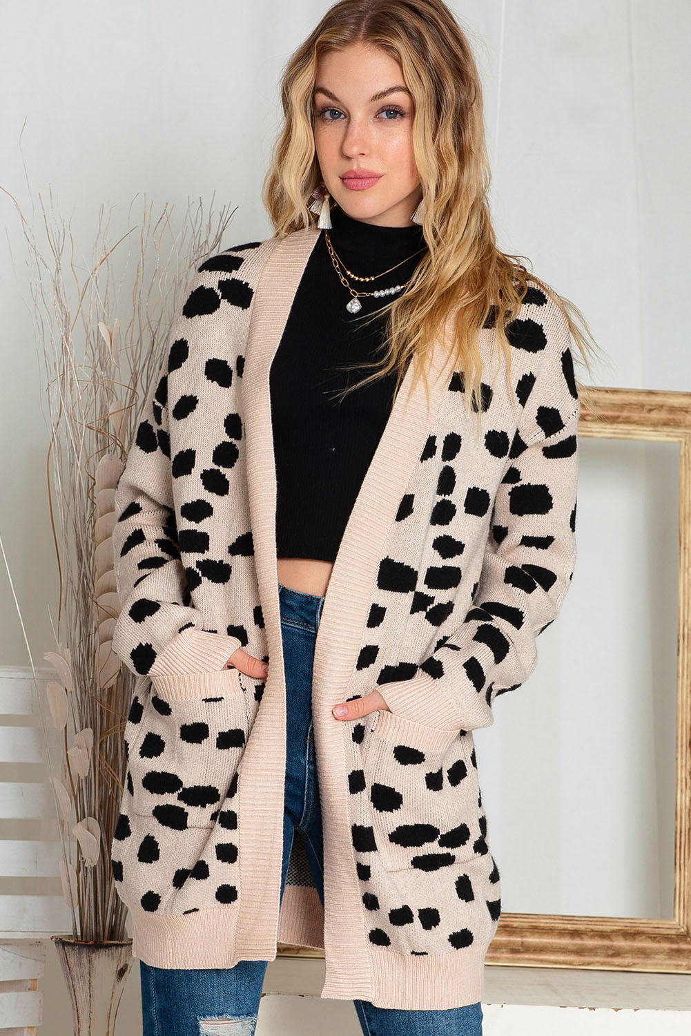 Animal Print Open Front Cardigan Sweater with Pockets | Shewin