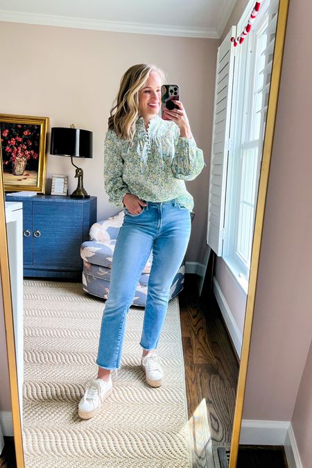 This J.Crew button-front green floral blouse is on sale for $89 today! Wearing an XS. 