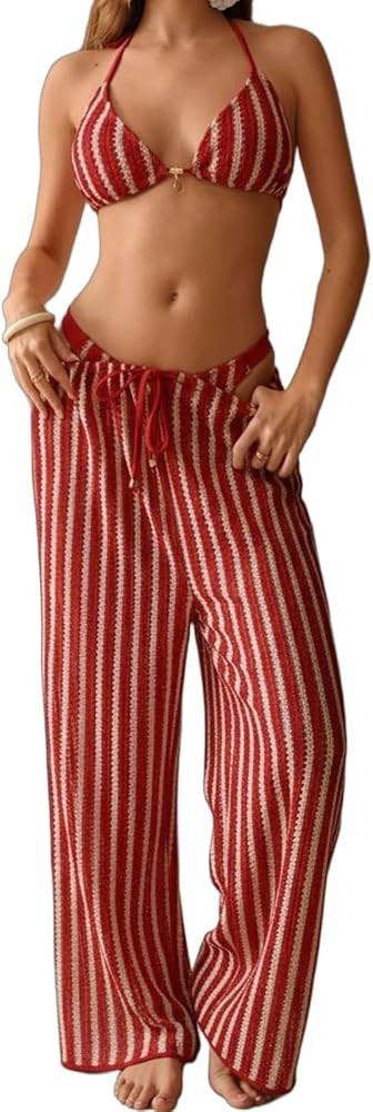 Women' s Stripes Crochet Knit Bikini with Pants Beachwear Coverup Halter Triangle 3 Piece Swimsui... | Amazon (US)