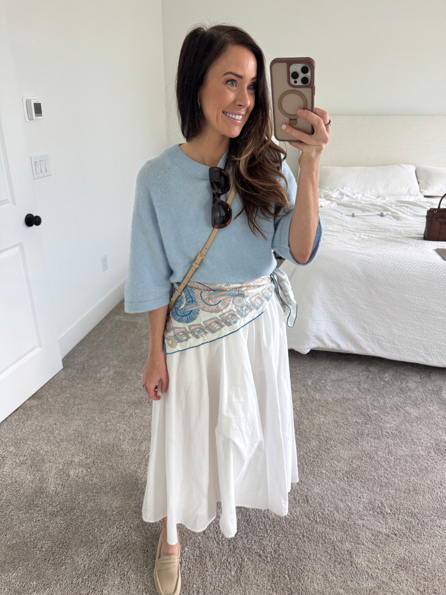 white midi skirt, white maxi skirt, blue sweater, silk scarf 

#LTKOver40