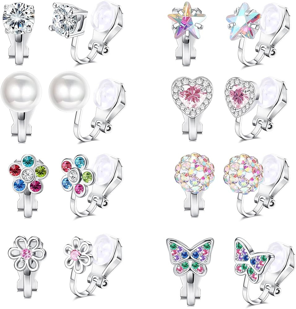 FASACCO 8-10Pairs Clip on Earrings for Women Colorful Crystal Non-Piercied Earrings Cute Flower H... | Amazon (US)