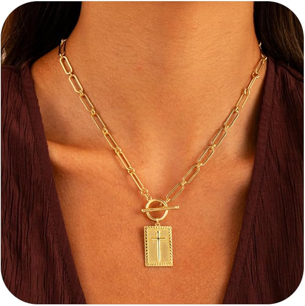 14K Gold Plated/Silver Layered Cross Pendant Toggle Clasp Rectangle Necklaces for Women, Papercli... | Amazon (US)