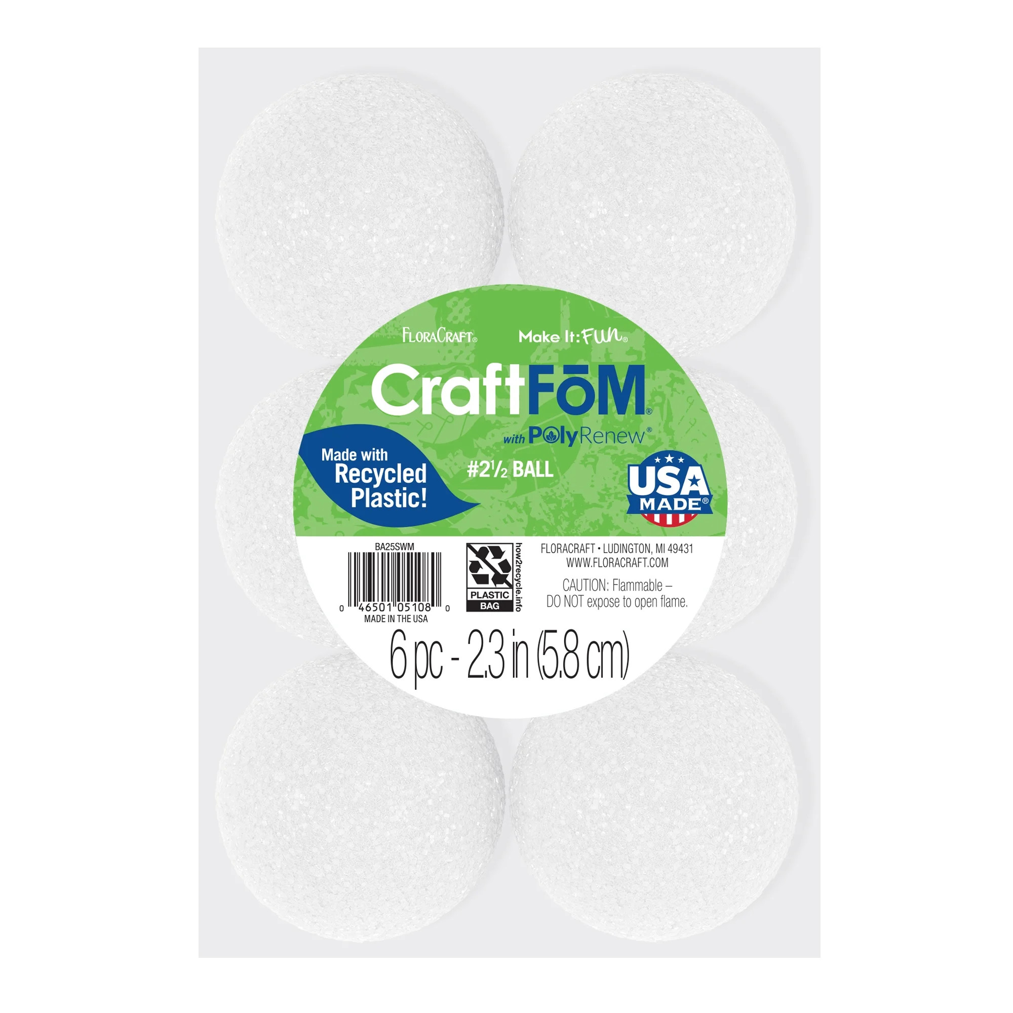 FloraCraft CraftF\u014dM 6 piece Crafting Foam Ball 2.3" White - Walmart.com | Walmart (US)