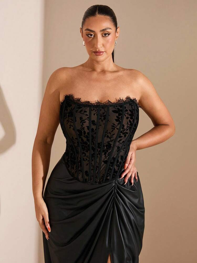 SHEIN BAE Plus Size Bra Fishbone Shaping Chest Wrap Off-Shoulder Women's Wear Outer Wear Chest Support Vest Corset Top, Suitable For Parties, Carnivals, Suitable For Daily Dating, Night Out, Nightclubs, Parties, Get-Togethers, Cocktail Parties, Pool Parties, Back-To-School Season,/For Winter,Corset Top/Valentine's Day/Birthday /Plus Size Top,Valentine's Day,Valentine Outfits For Women | SHEIN
