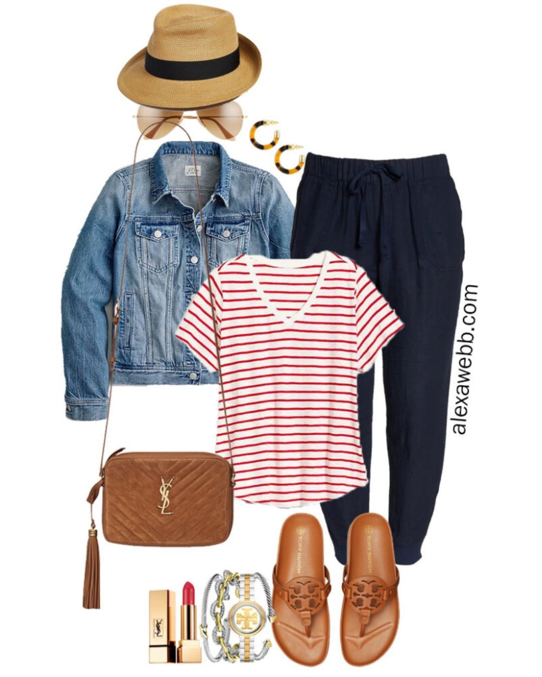 Plus Size Navy Linen Joggers with a straw fedora, red striped t-shirt, denim jacket, Tory Burch Miller Cloud sandals, and Crossbody Bag - Alexa Webb

#LTKStyleTip #LTKPlusSize #LTKSeasonal