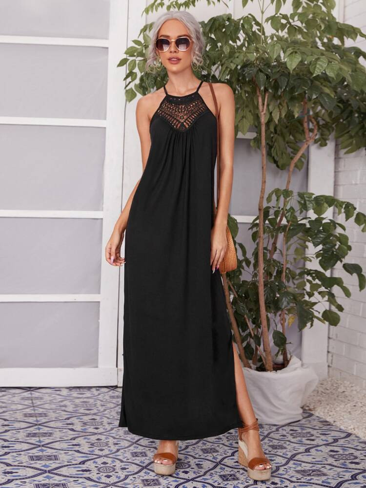 SHEIN VCAY Contrast Guipure Lace Split Hem Halter Dress | SHEIN