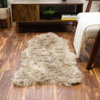 Serene Silky Faux Fur Fluffy Shag Rug Light Brown 2' x 4' Sheepskin | The Home Depot