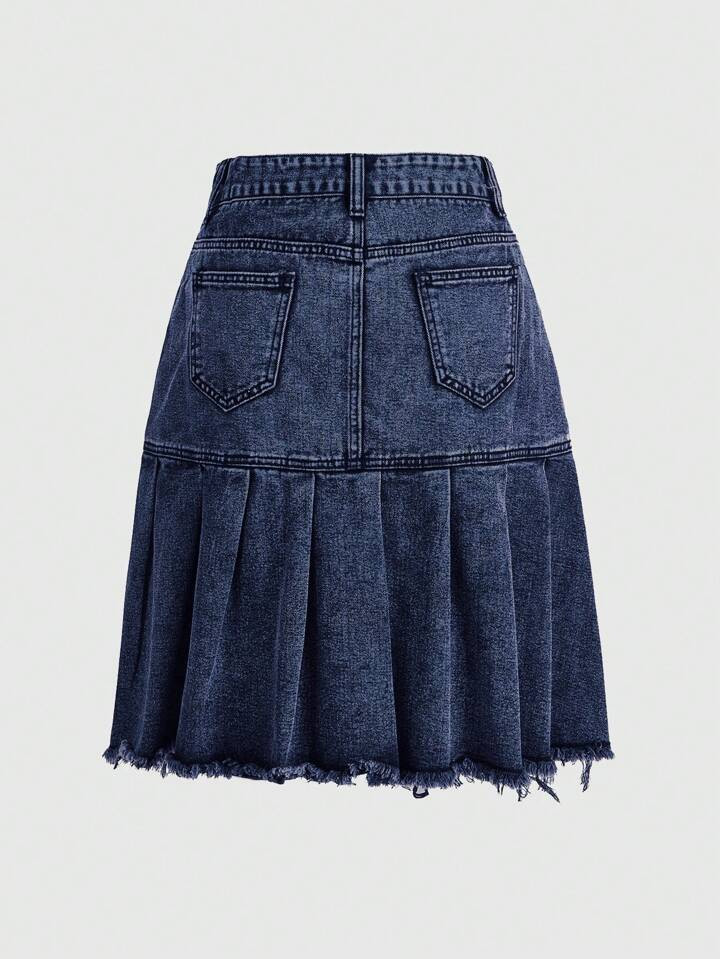 ROMWE Grunge Punk Flap Pocket Pleated Hem Denim Skirt | SHEIN