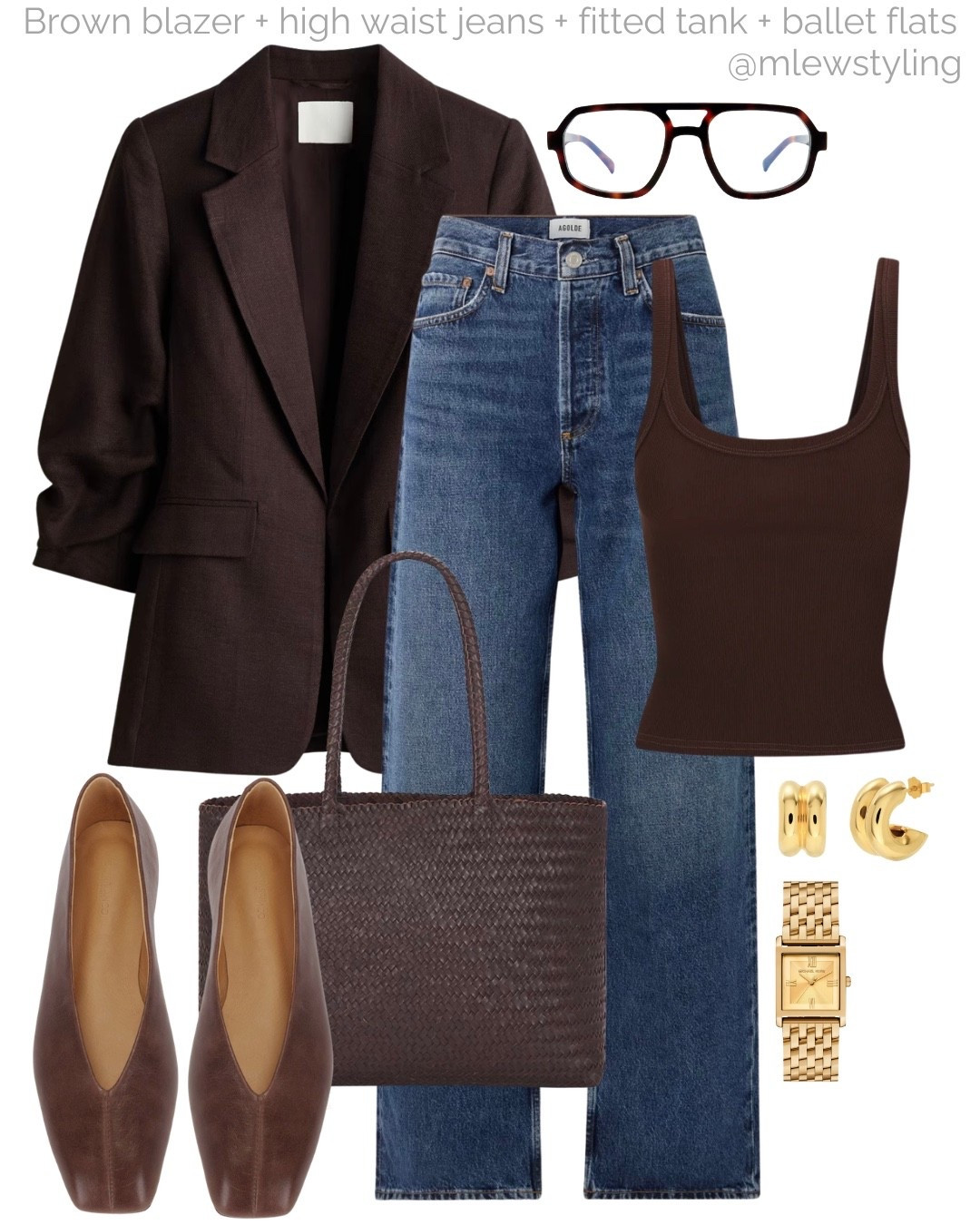 Spring workwear outfit formula: brown blazer, high waist jeans, fitted tank, and ballet flats 🤎

Tags: spring office outfit, blue light glasses, madewell woven tote bag, revolve gold watch, double hoop earrings, neutral aesthetic, capsule wardrobe, agolde wide leg jeans

#LTKjeans #LTKworkwear #LTKstyletip