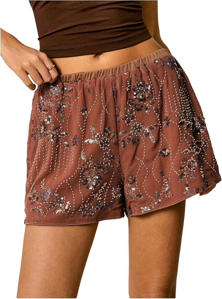 SweatyRocks Sequin Shorts for Women Y2K Floral Embroidery Elastic Waist Shorts Glitter Bottom | Amazon (US)