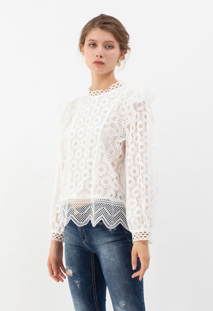 Sunflower Full Lace Long Sleeves Top in White | Chicwish