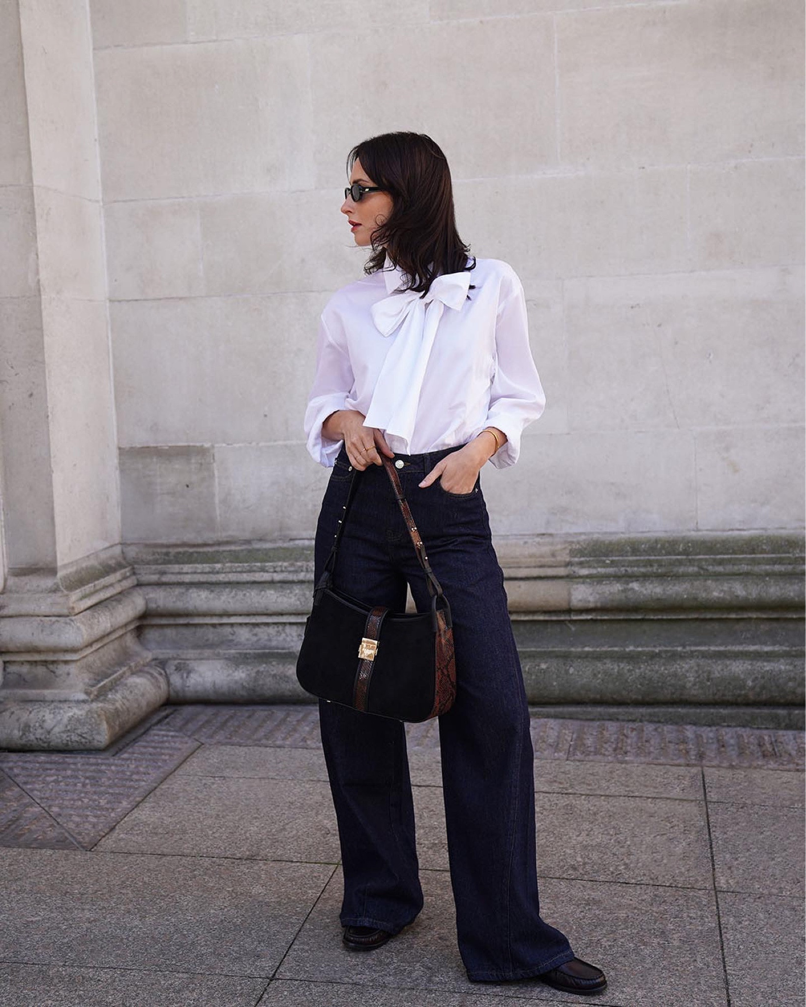 samsoe samsoe, wide leg jeans, white shirt, bow detail, penny loafers, mango, le specs sunglasses, radley london handbag, classic bag, autumn style, autumn aesthetic, transitional style, transeasonal wardrobe 

#LTKeurope #LTKSeasonal #LTKstyletip