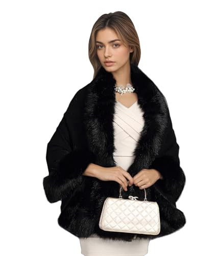 ELFJOY Bridal Faux Fur Shawl and Wraps for Weddings Faux Fur Coat Women Luxury Evening Dresses Fluffy Cape for Women (Black) | Amazon (US)