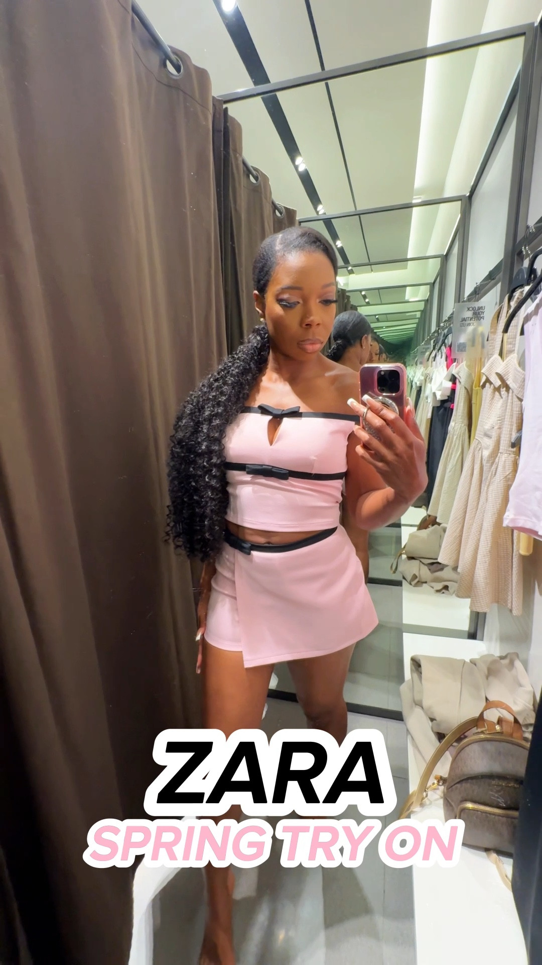 I went to Zara to check out some of their new spring outfits, and they have some must have pieces out right now!

💖 I love the pink and black skort set, it makes me feel like a Barbie! The skort is true to size (Size S), but the top runs small (I tried on a small, but got a medium)

💖 The hot pink dress with cut outs on the side is a really sexy date night dress for spring. It’s made of scuba material (it’s TIGHT), so I recommend sizing up. 

💖 The black midi dress with white bow in the front is super classy, it would be a great wedding guest outfit. I sized up to a medium, because the bust is tight.

💖 I loved this checker print neutral halter dress, but they didn’t have my size 😩. I tried it on in a large just to see what it looks like and held the back. I would be a medium in the dress, which is a size up for me.
