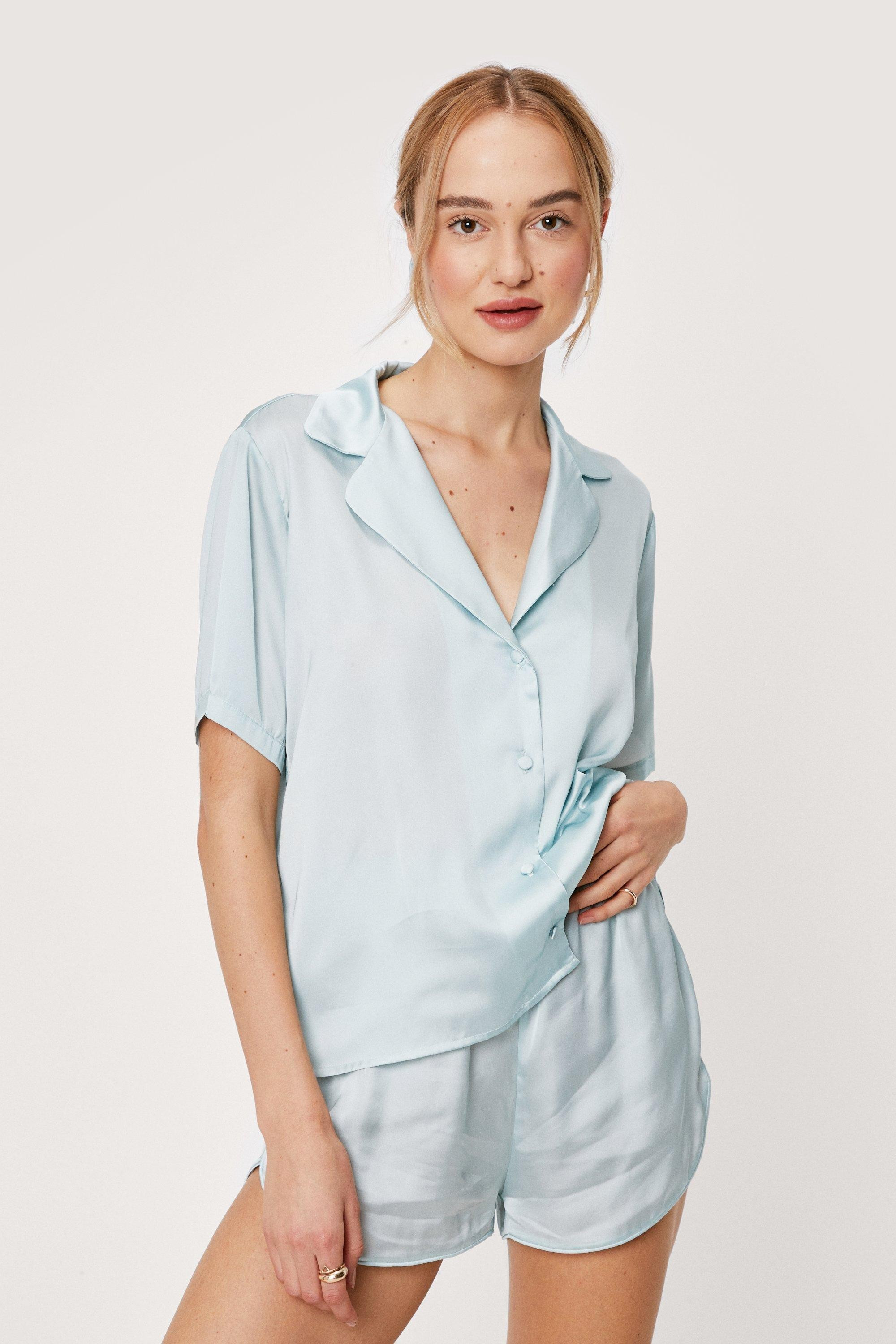 Satin Pajama Shirt Short Scrunchie 3 Pc Pajama Set | Nasty Gal (US)