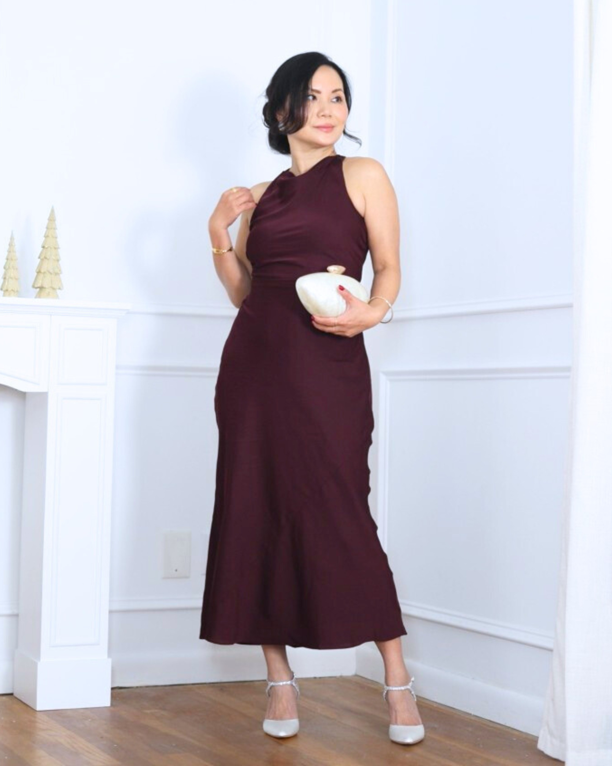 A high-neck silk burgundy dress from Quince that feels instantly elegant, paired with a shell clutch and ankle-strap evening pumps for a refined, romantic finish. I’m 5’2, wearing size XS.

#LTKOver40 #LTKHoliday #LTKPetite