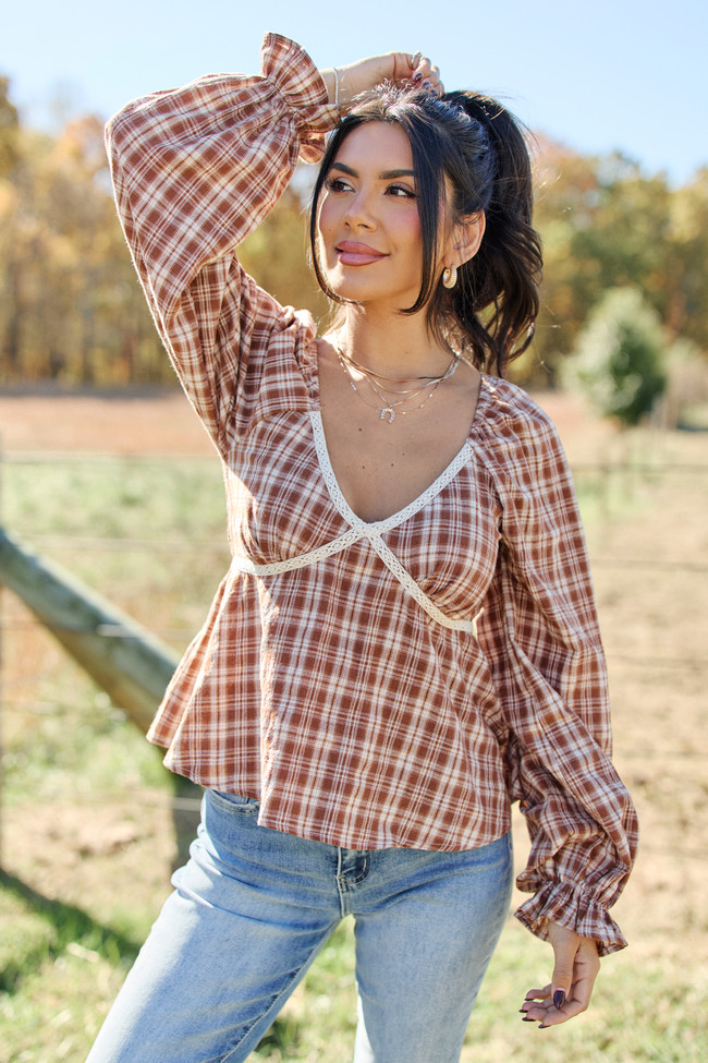 Sable Plaid And Lace Trim Babydoll Top | Pink Lily