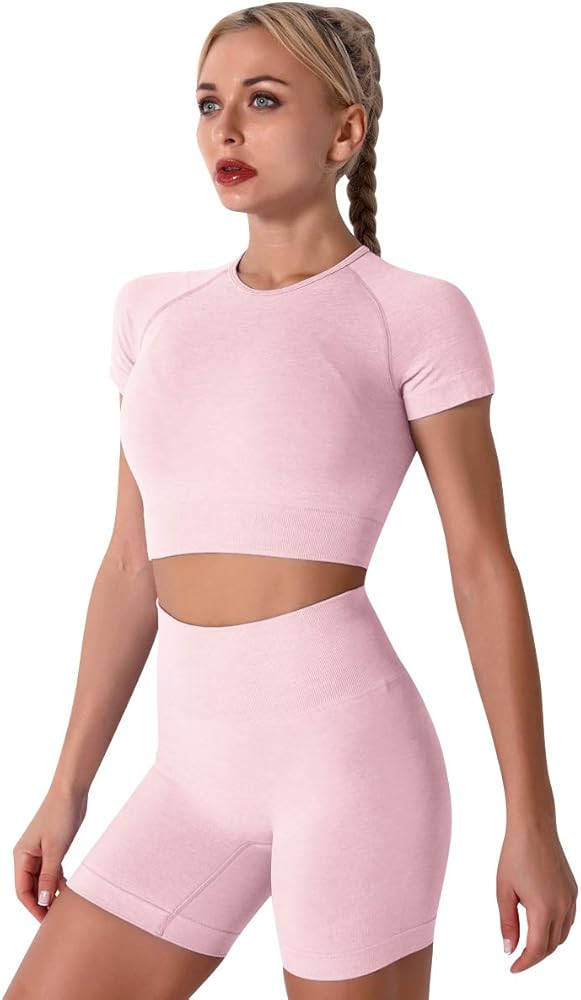 IWEMEK Women Seamless Yoga Outfits 2 Piece Workout Short Sleeve Crop Top with High Waisted Runnin... | Amazon (US)