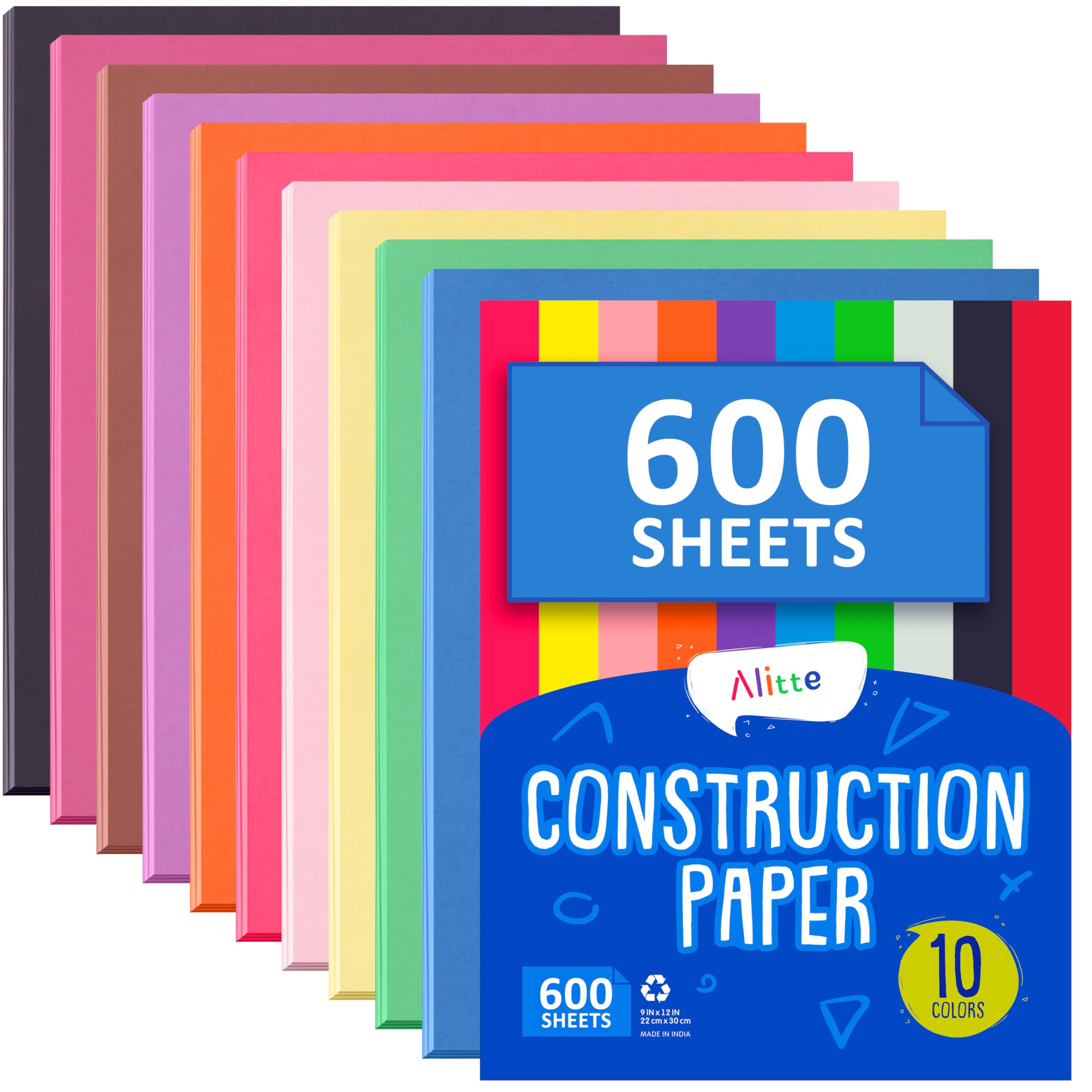 Alitte Construction Paper Assorted Colors - (600 Sheets, 9x12), Craft Paper, 10 Bright Colors - B... | Amazon (US)