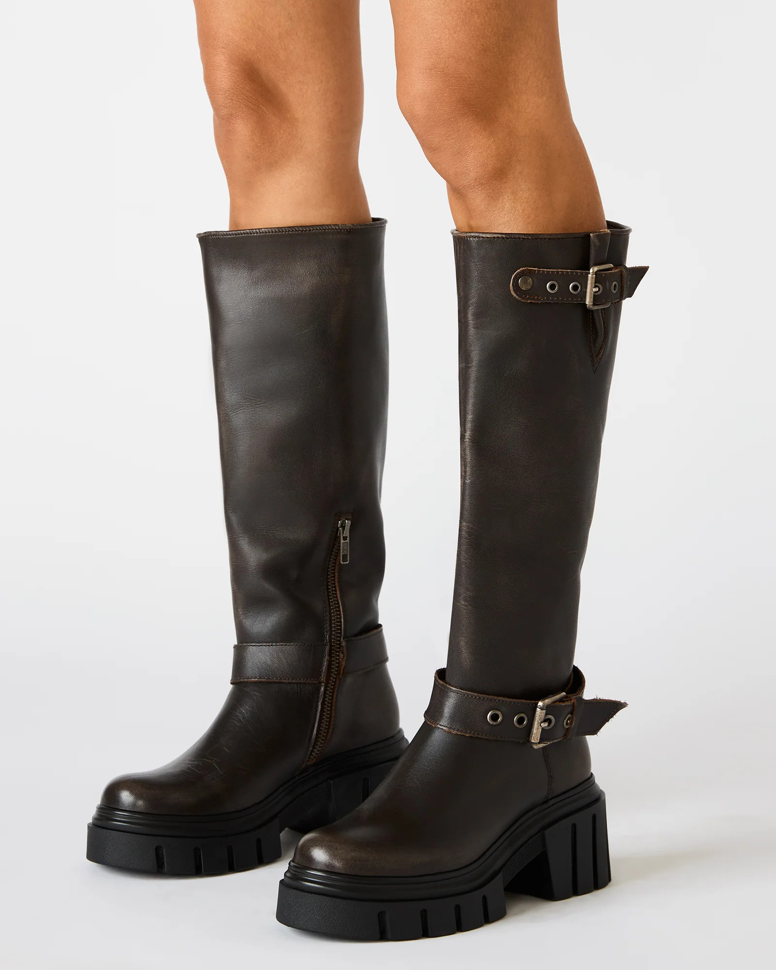 BRIGADE Brown Distressed Women's Knee-High Moto Lug Boot | Steve Madden (US)