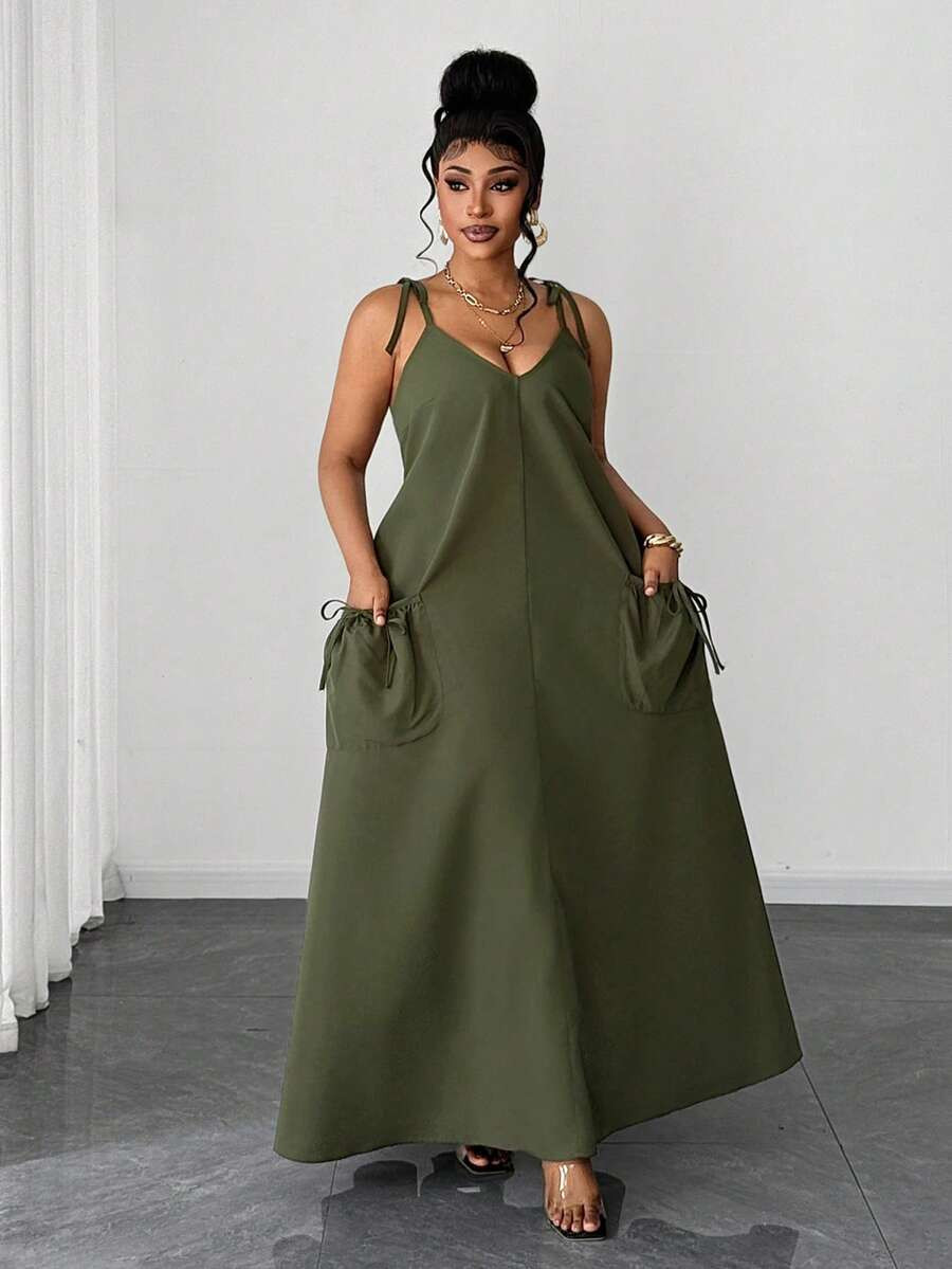 Maweii Plus Size Spaghetti Strap Casual Lace-Up Solid Color Retro Elegant Dress | SHEIN