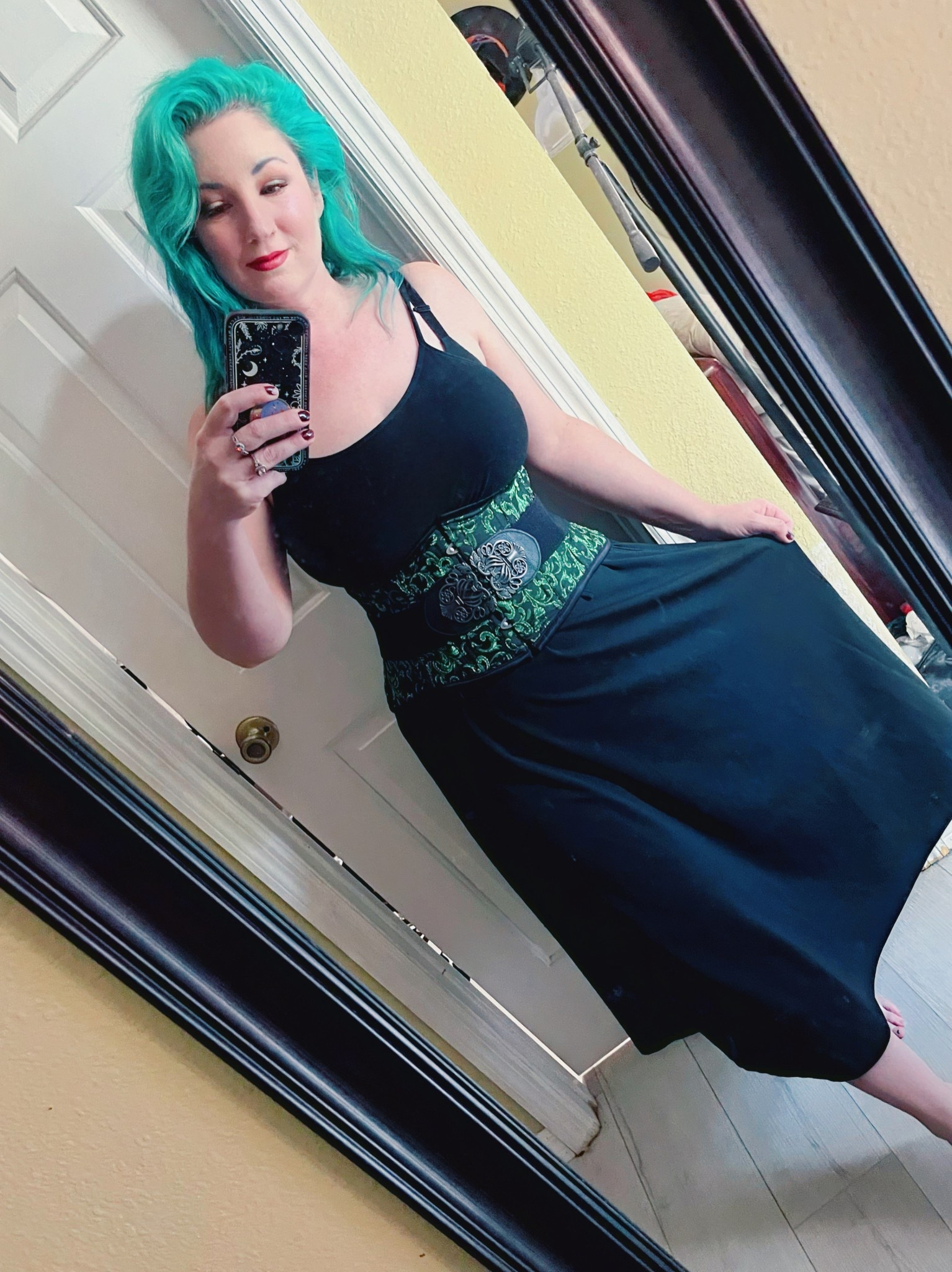 Today’s outfit, a bit half done. Honestly, I was up all night with my 7yo who is 🤧 sick and I am exhausted. 🥱 
#dopaminedressing #outfitcheck #mirrorpic #draculaclothing #todaysoutfit #mirrorselfie #dressedup

#LTKOver40 #LTKStyleTip #LTKFindsUnder100
