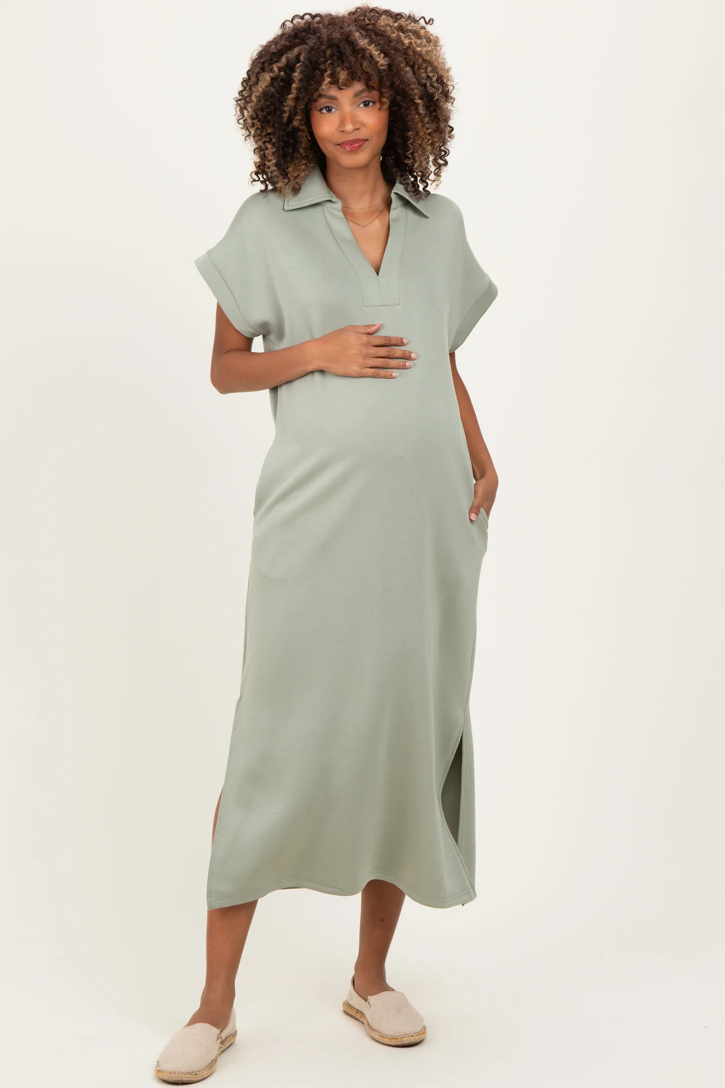 Sage Collared Short Sleeve Maternity Midi Dress | PinkBlush Maternity