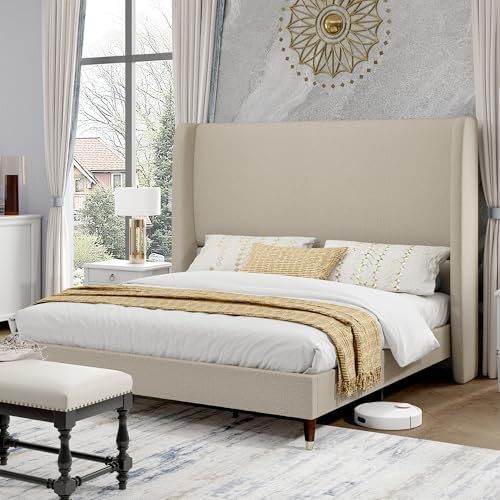 King Bed Frame with 51.2" Tall Wingback Headboard,Line Upholstered Platform Bed,Solid Wood Legs,N... | Amazon (US)
