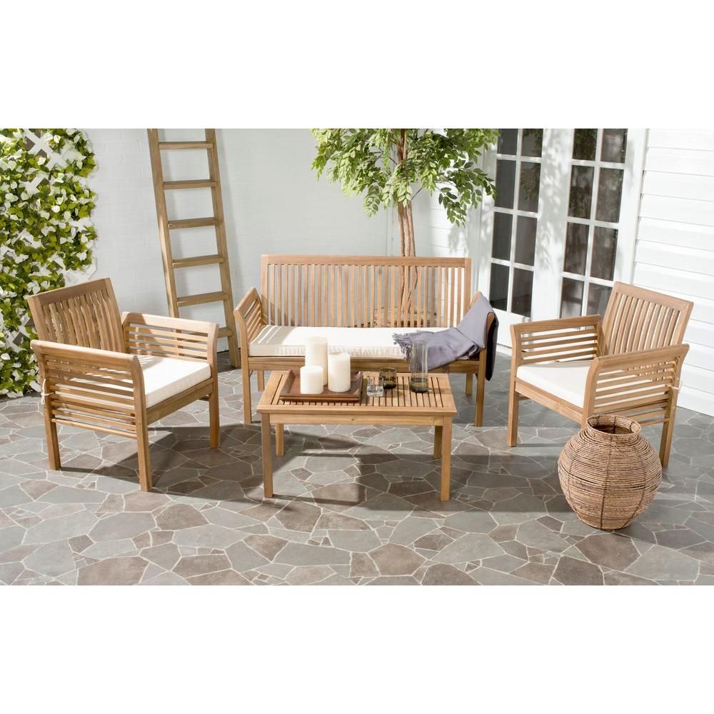 Safavieh Carson Teak Brown 4-Piece Wood Patio Conversation Set with Beige Cushions-PAT7005A - The... | The Home Depot